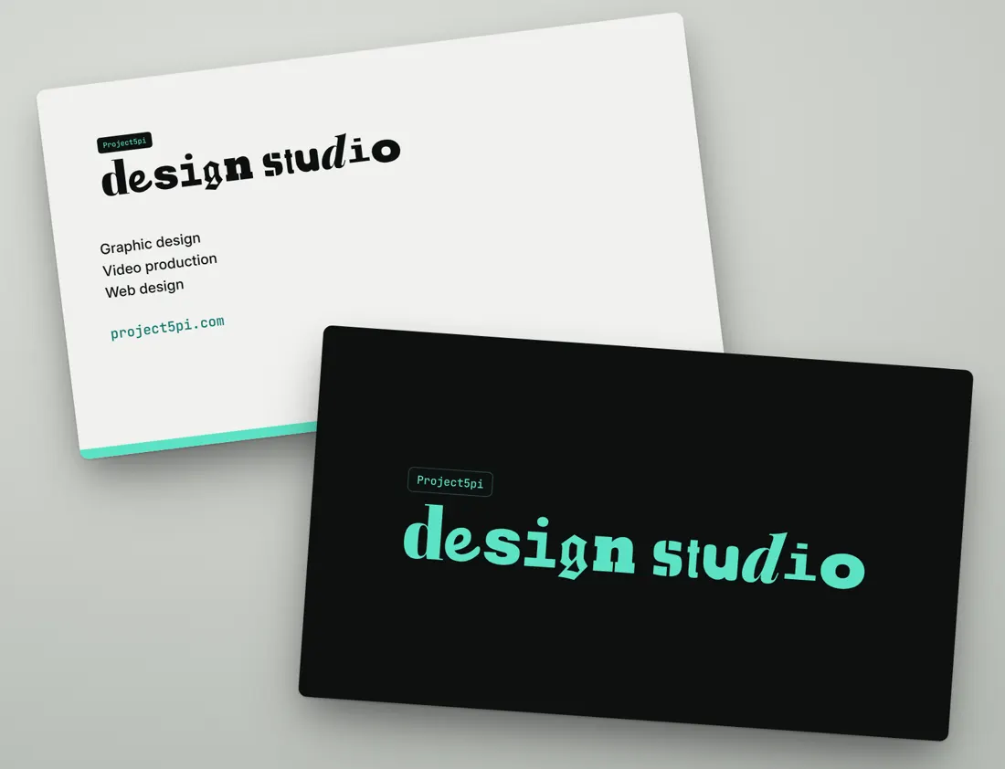 Project5pi Design Studio business cards: a light card listing graphic design, video production and web design, and a black card with the mint logo
