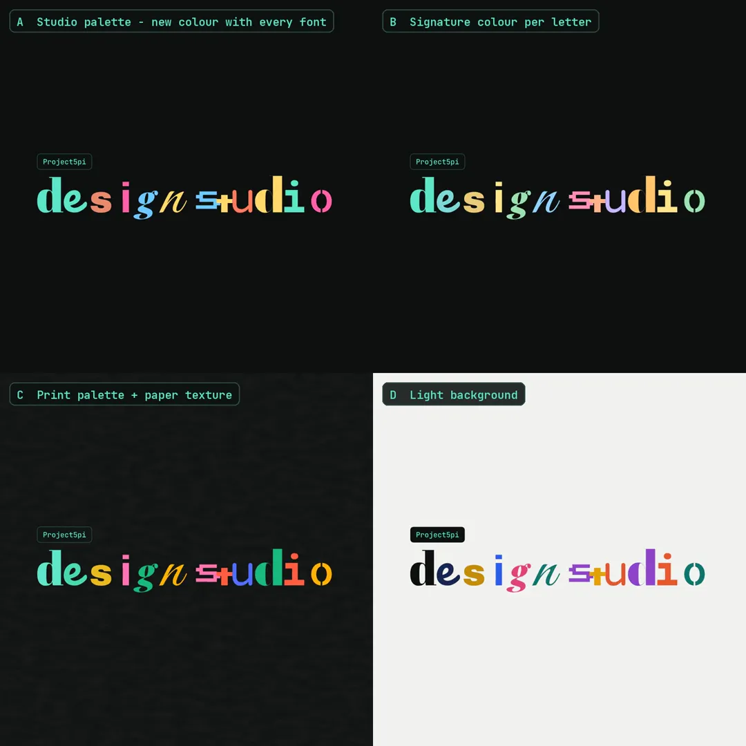 Four colorways of the animated Project5pi Design Studio logo in a two by two grid: studio palette, signature colors, print palette with paper texture, and light background