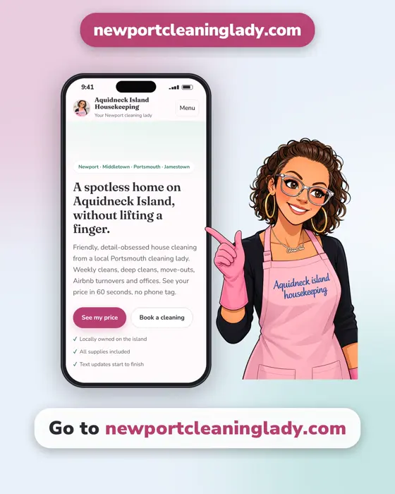 Phone mockup of the newportcleaninglady.com home page with Sam pointing at it