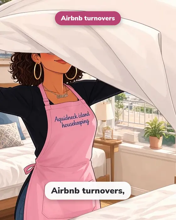 Sam shaking out a white sheet for an Airbnb turnover