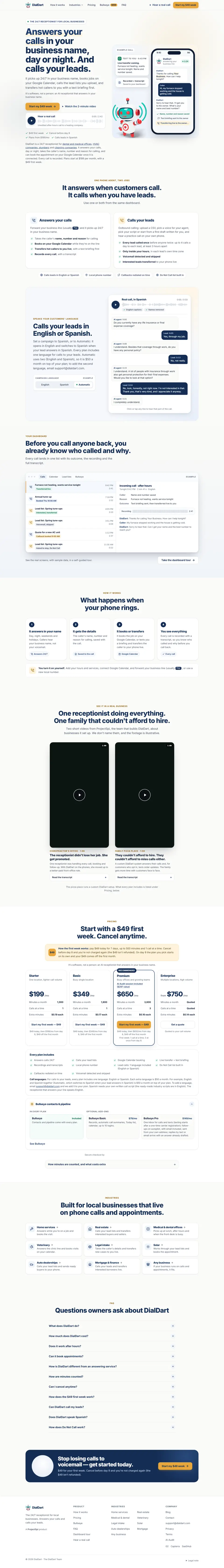 Full home page of dialdart.com: headline, example call on a phone, how it works, industries and pricing