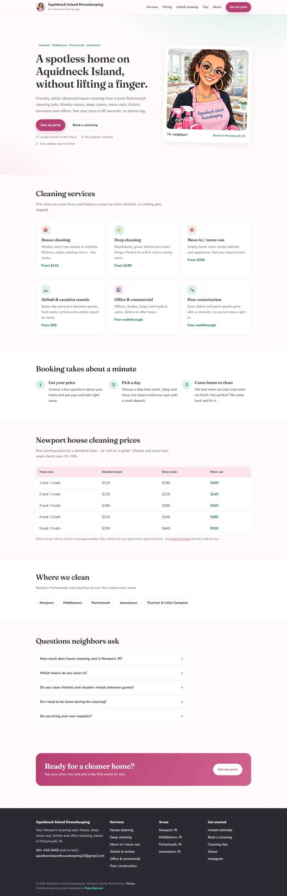 Full home page of newportcleaninglady.com: headline, services with starting prices, price table, towns served and FAQ