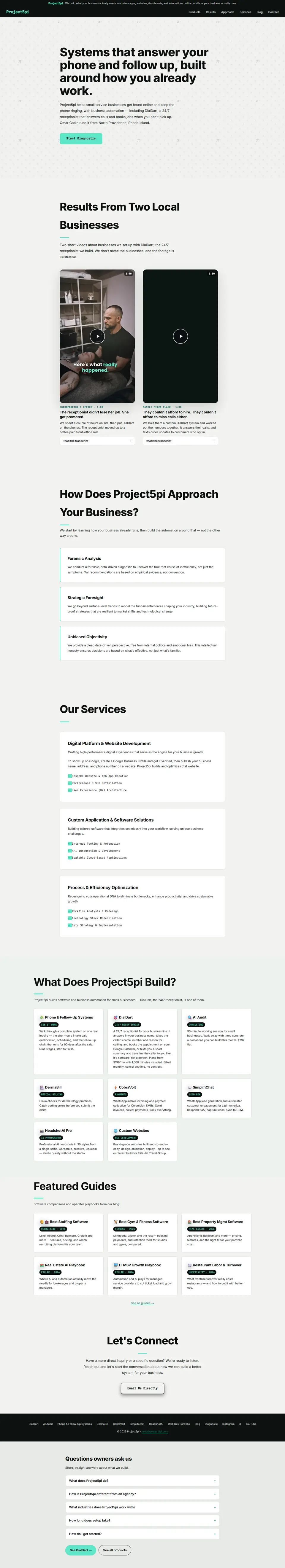 Full home page of project5pi.com on its light pi-pattern background